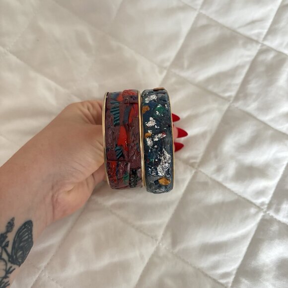 Lot Of 2 Handmade Bohemian Style Cuff Bangle Bracelet Art Blue Purple - Picture 2 of 8